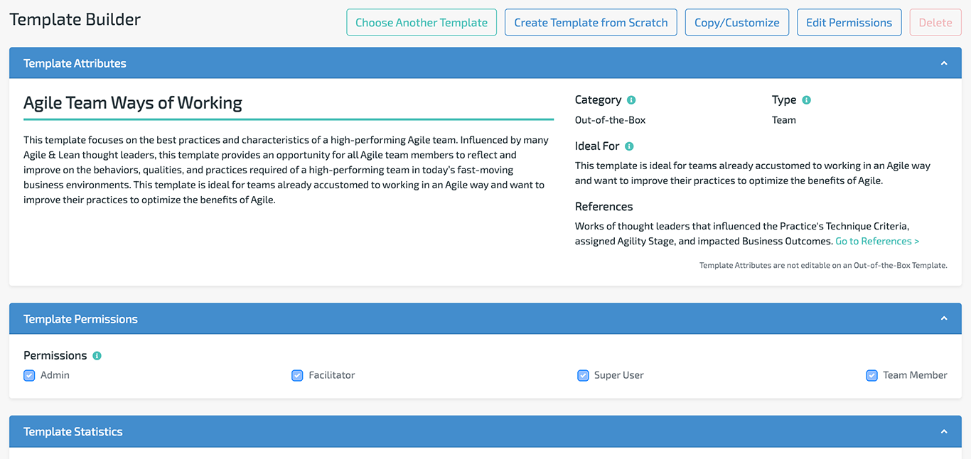 template builder screenshot of agile team ways of working assessment template